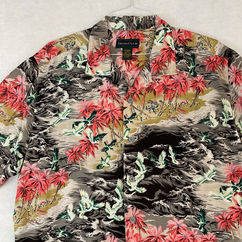 IZOD Club Shirt Men’s Large Hawaiian Floral Short Sleeve Collar Button Up Rayon - Picture 2 of 10